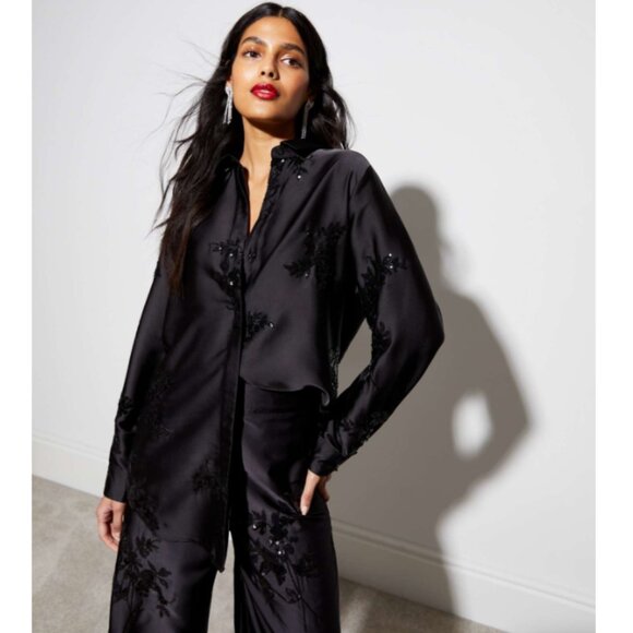 Brand New Rachel Zoe Black Satin Sequin Embellished Wide Leg Trousers - Picture 5 of 13